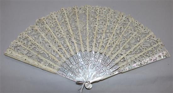 A 19th century French lace and mother of pearl fan in original fitted box